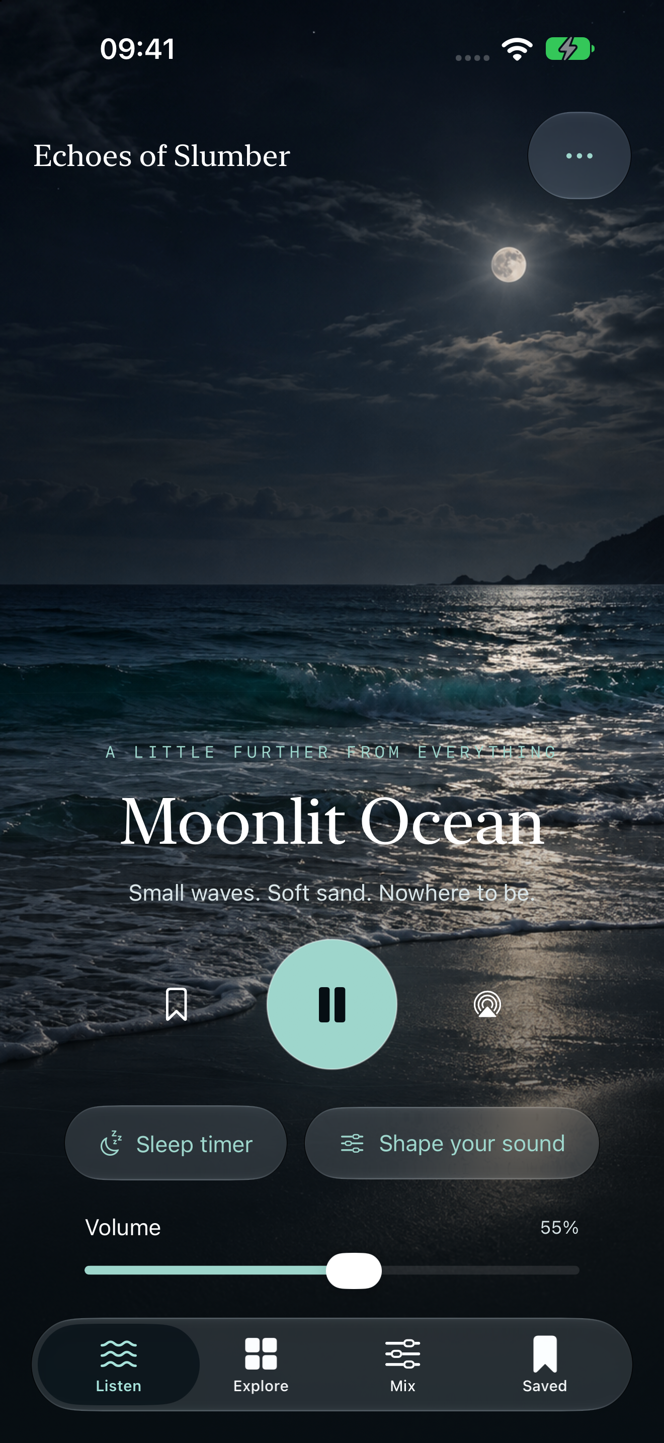 Echoes of Slumber playing Moonlit Ocean, with playback, sleep timer and sound controls